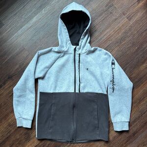 Champion Boy's Full Zip Hoodie Size L 14/16 Gray Black Zip Up Sweatshirt